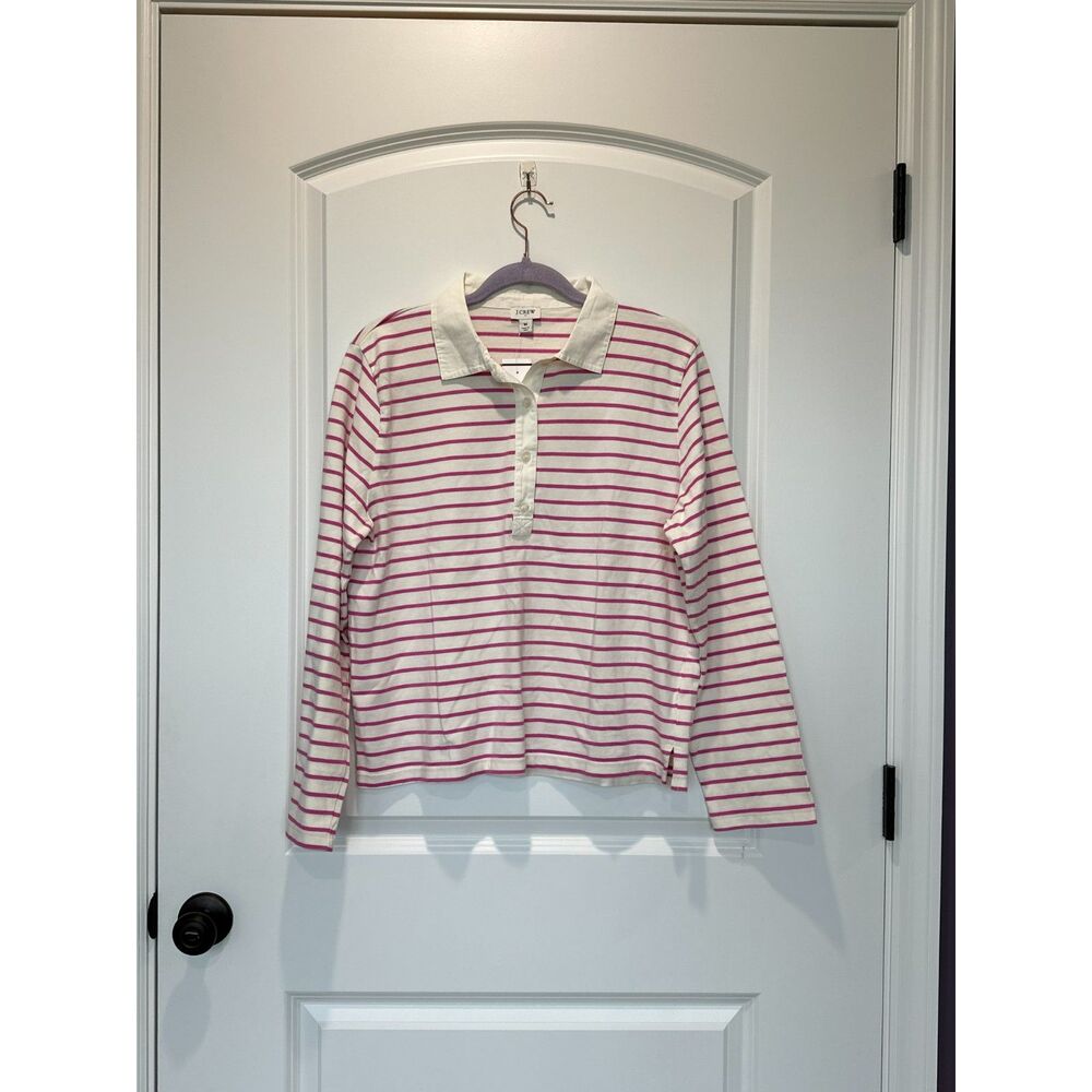 NWT J. Crew Factory Pink and White Stripe Long Sleeve Polo Shirt Size Medium